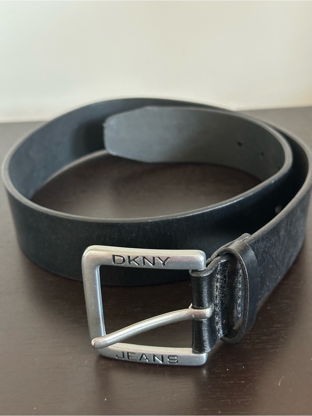 DKNY Black Genuine Leather Belt Silver Buckle